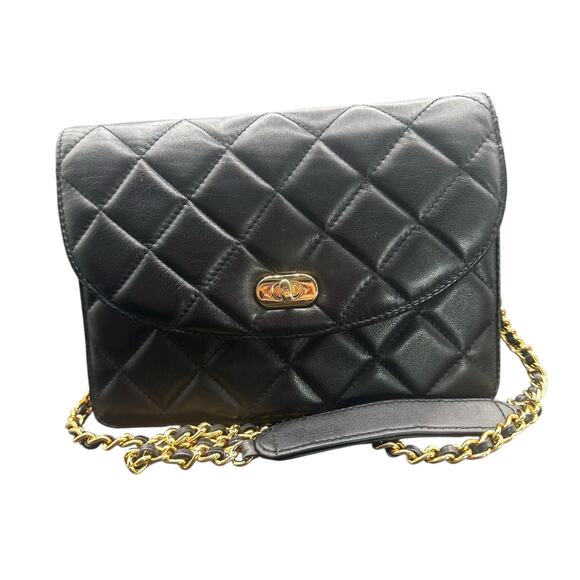 Giani Bernini Black Quilted Leather Crossbody Bag Gold Chain Strap - Picture 1 of 9